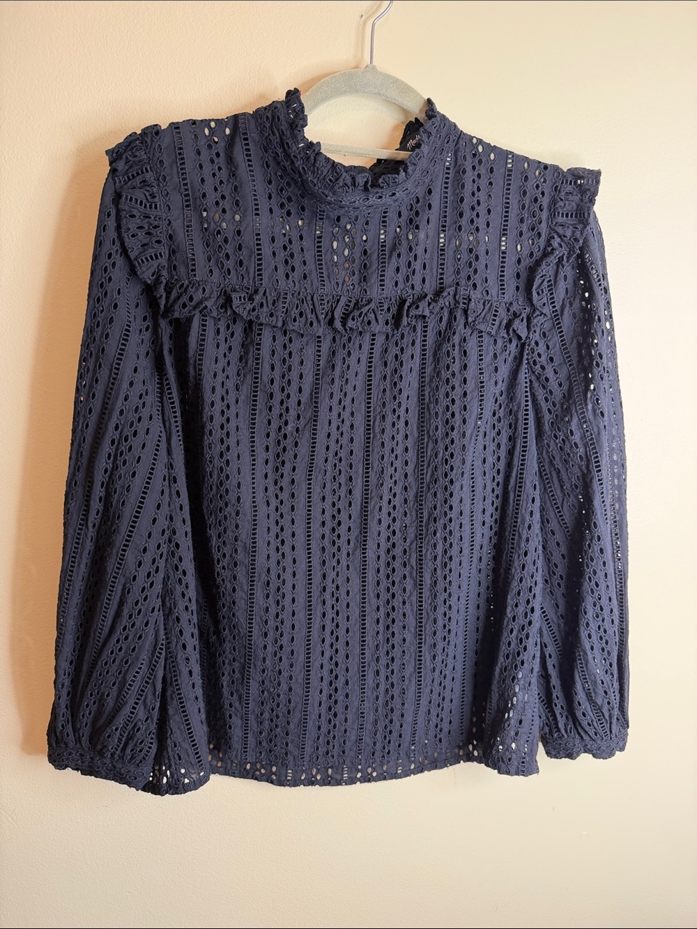 Madewell Black Eyelet Ruffle High Neck Blouse Puff Sleeve Size M